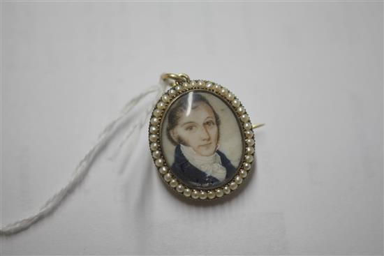 A 19th century yellow metal and split pearl set portrait miniature pendant brooch, 24mm.